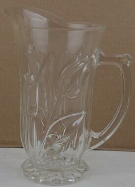 Vintage Clear Glass Pitcher Style Vase Floral Relief 8.5" Decorative